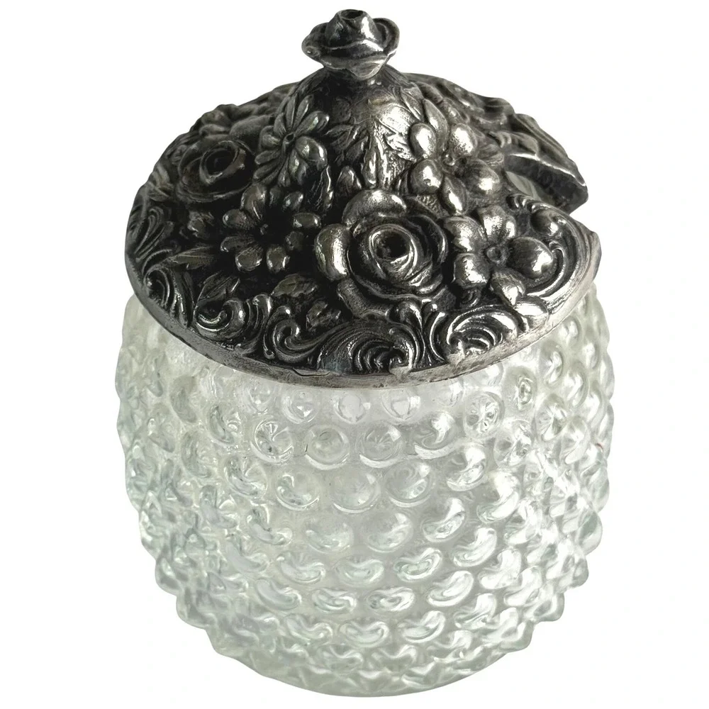 Hobnail Clear Glass Jam Honey Jar Ornate Floral Silver Tone Lid C105 WB 5in